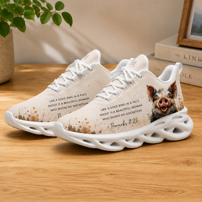 Lifestyle display of Proverbs 11 22 Gold Ring In A Pigs Snout Max Soul shoes with white soles styled on a wooden table