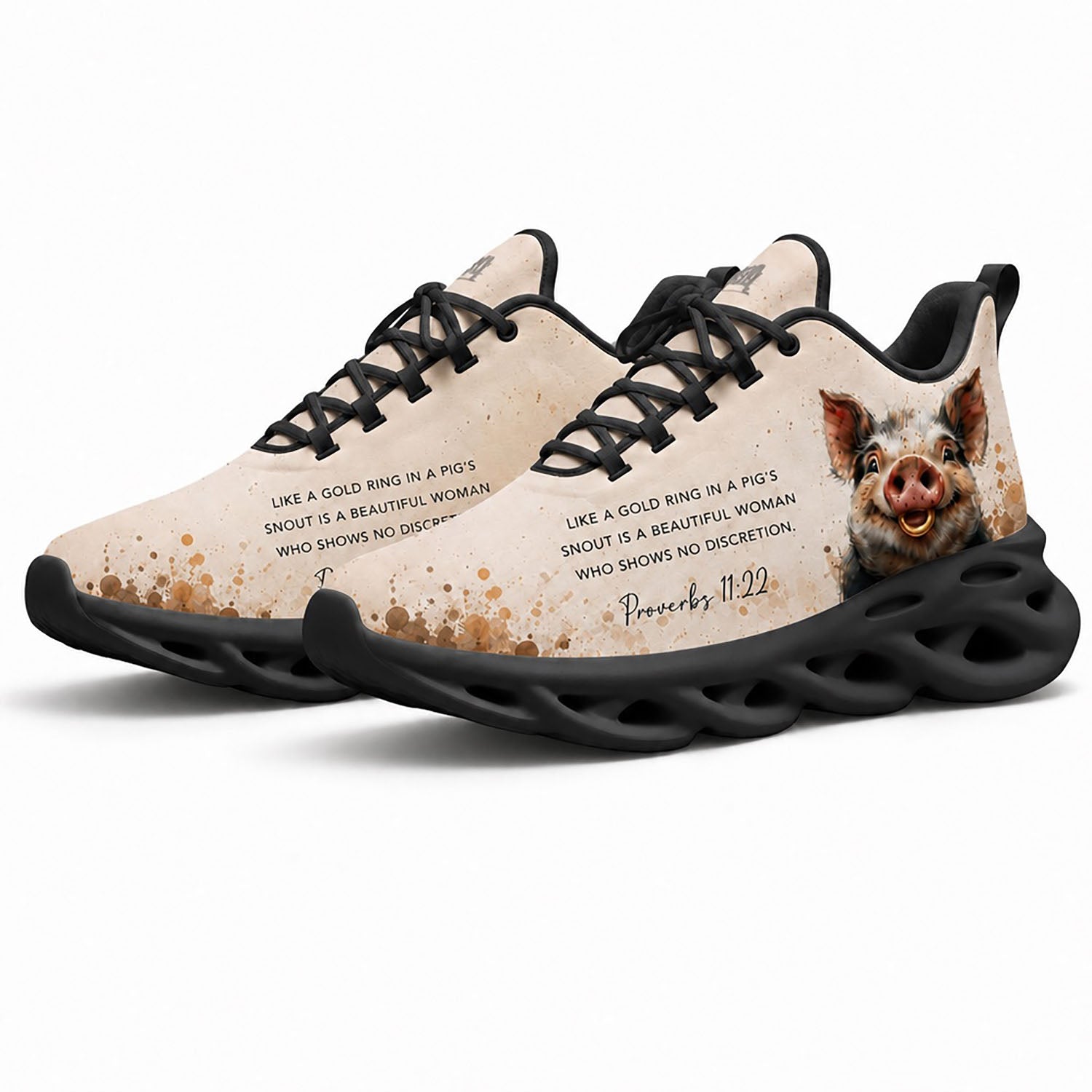 Pair of Proverbs 11 22 Max Soul shoes featuring a stylized biblical pig graphic with dynamic black soles
