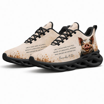 Pair of Proverbs 11 22 Max Soul shoes featuring a stylized biblical pig graphic with dynamic black soles