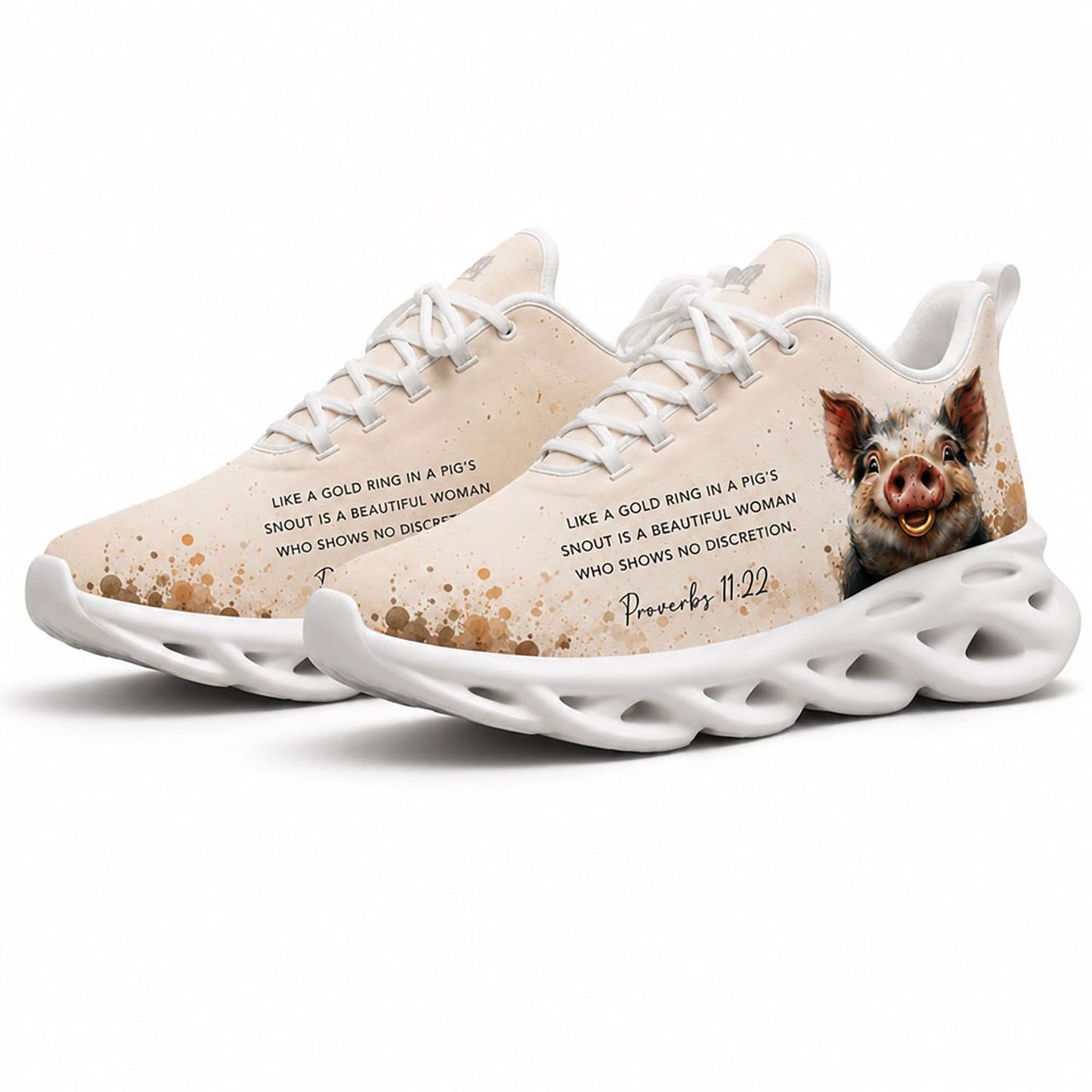 Angled pair of Proverbs 11 22 Max Soul shoes with cream canvas, paint splatters, and scripture on white soles