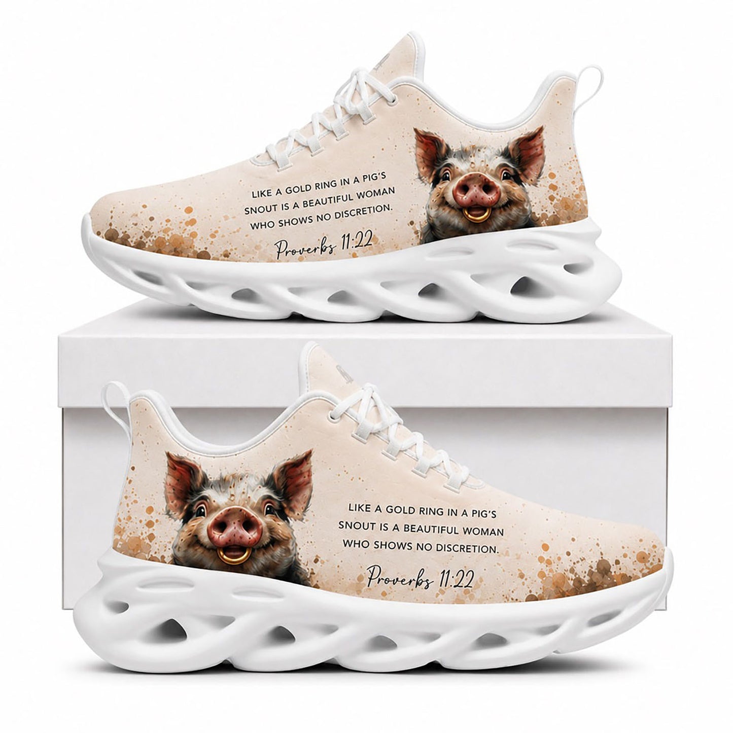 Side view of Proverbs 11 22 Gold Ring In A Pigs Snout Max Soul Shoes in white sole featuring a cute pig portrait