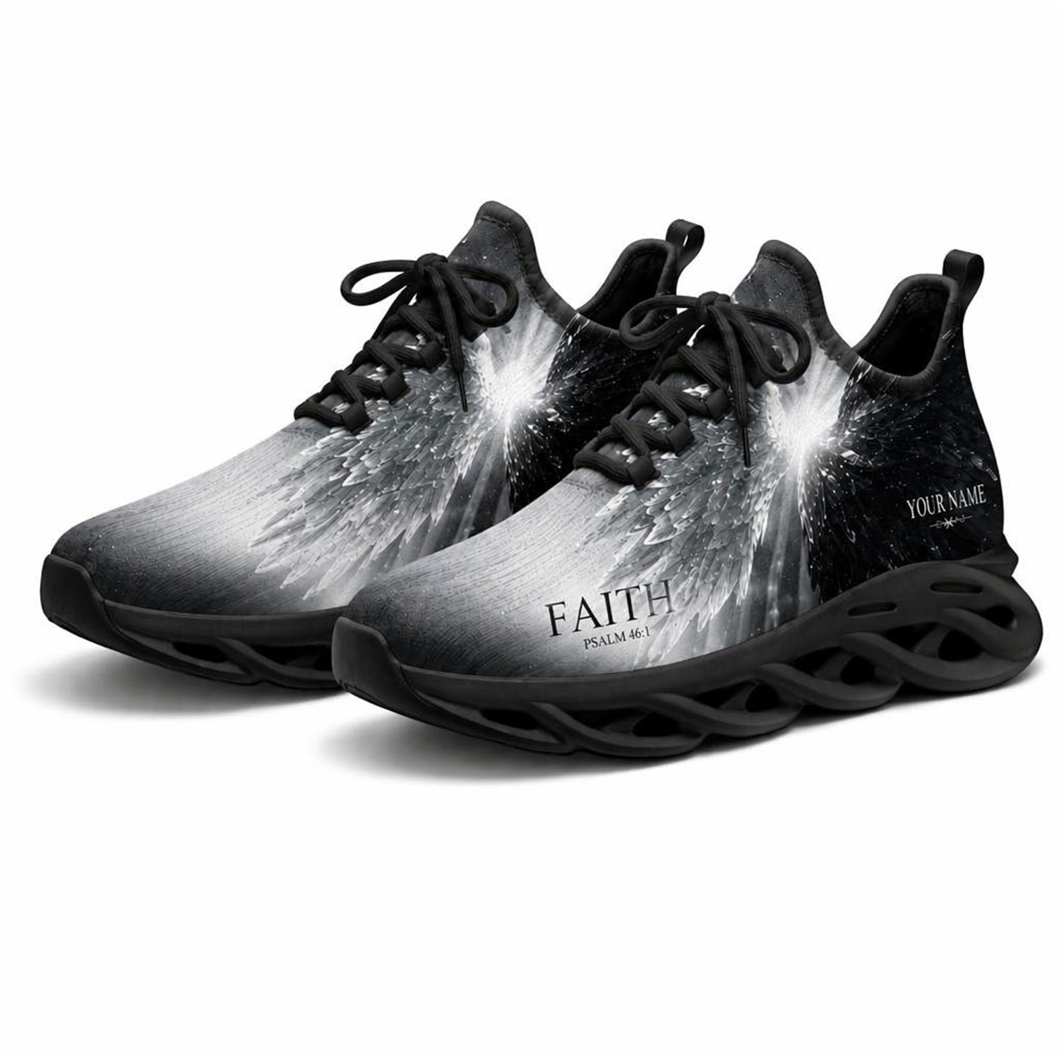 Angled studio shot of black-soled religious footwear featuring the Radiant Wings design