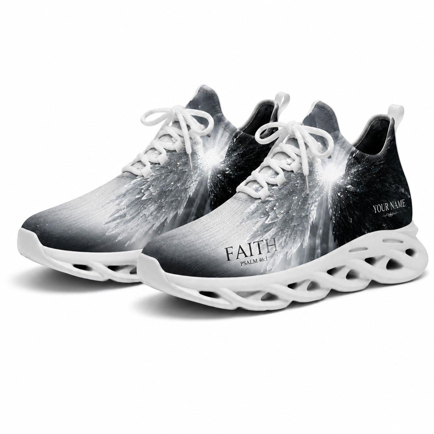 Studio 3/4 angle of gym sneakers featuring the Radiant Angel Wings graphic on white soles