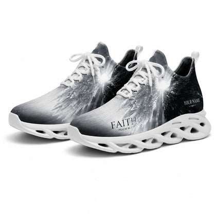 Studio 3/4 angle of gym sneakers featuring the Radiant Angel Wings graphic on white soles