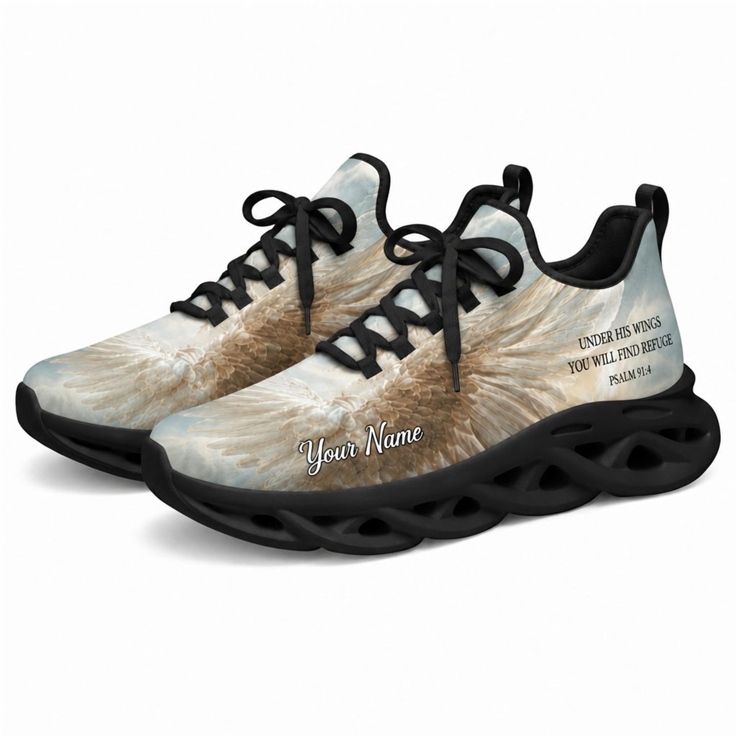 Angled studio shot of black-soled religious footwear featuring the Psalm 91:4 design