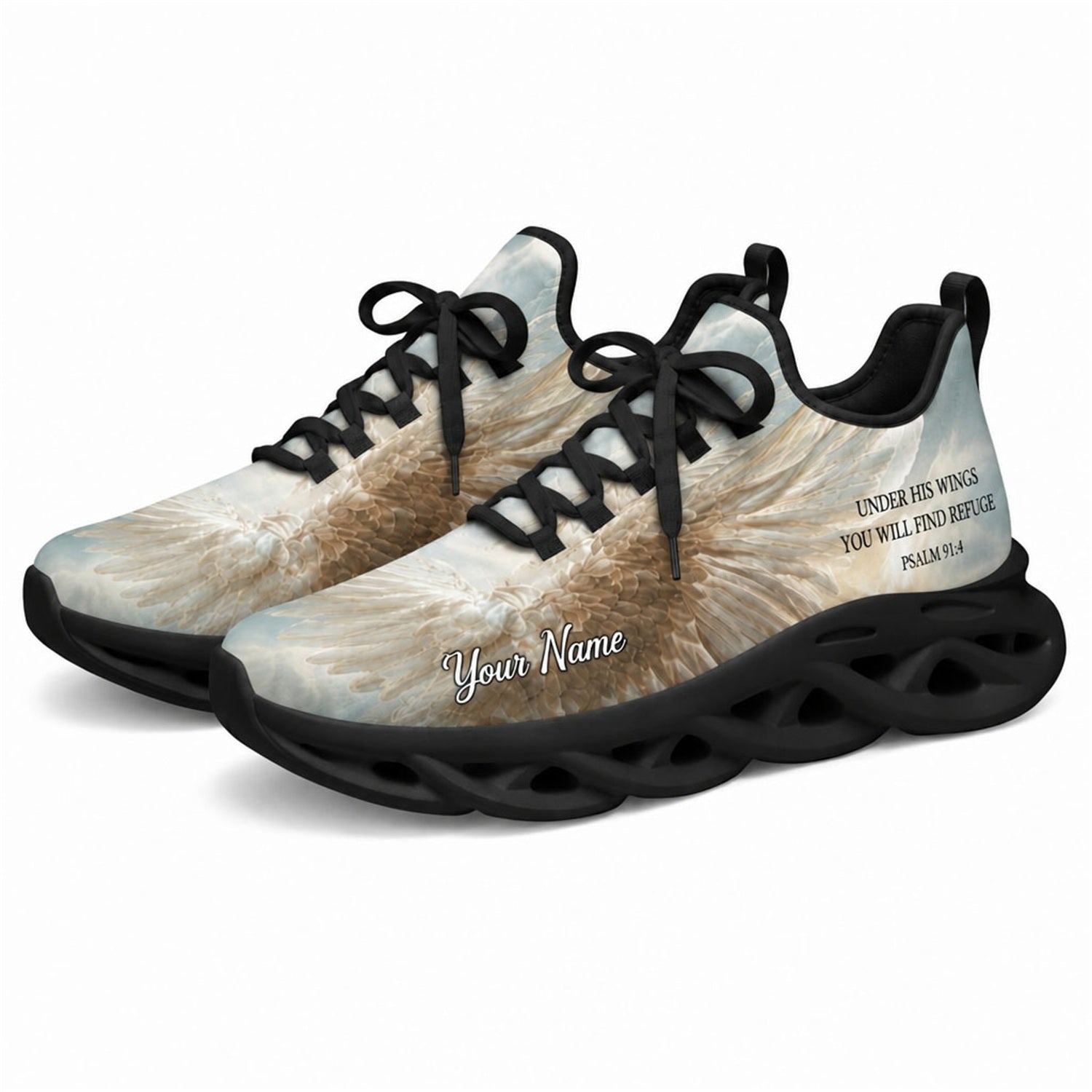Angled studio shot of black-soled religious footwear featuring the Psalm 91:4 design