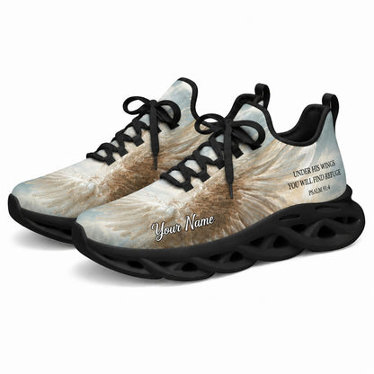 Angled studio shot of black-soled religious footwear featuring the Psalm 91:4 design