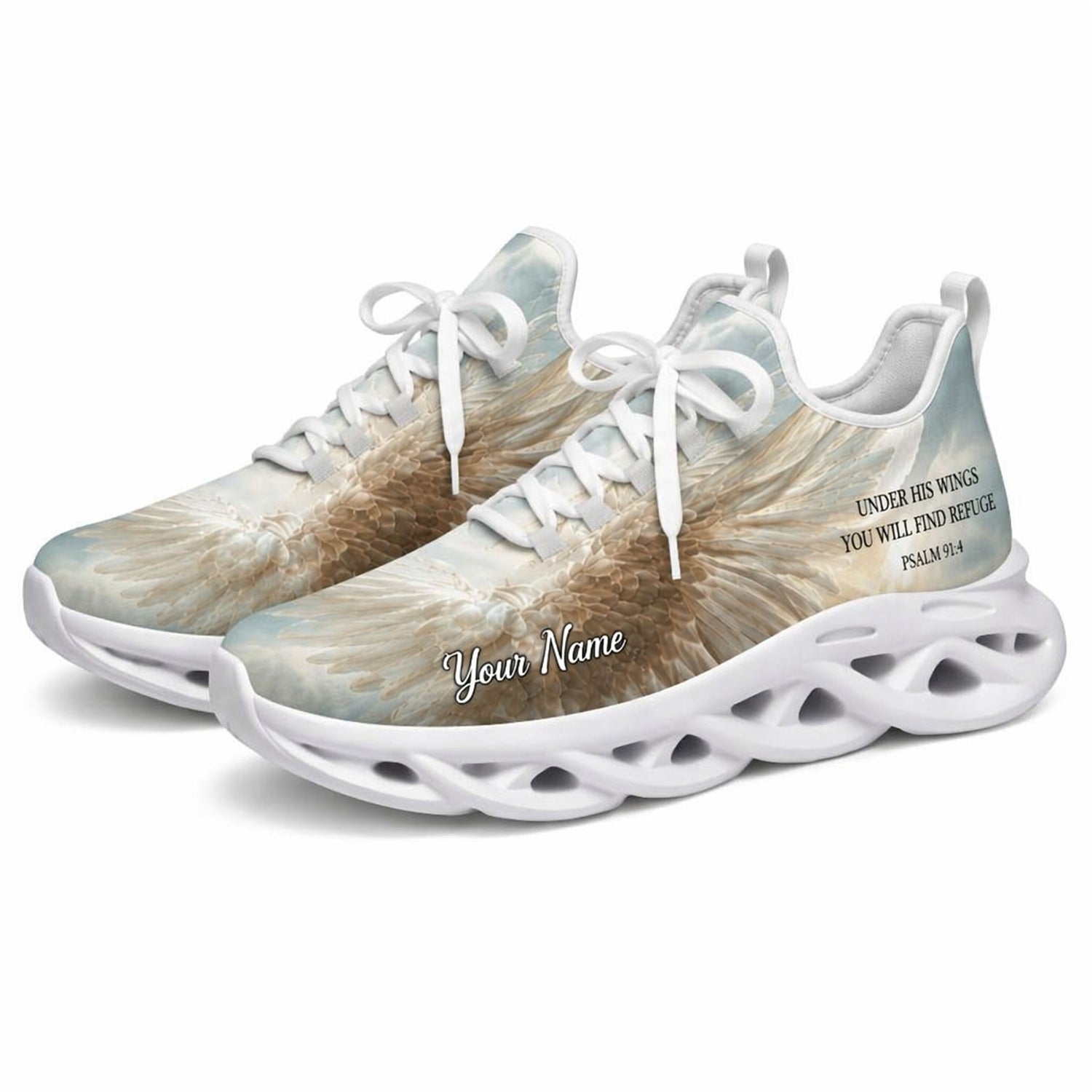 Studio 3/4 angle of gym sneakers featuring the Psalm 91:4 graphic on white soles