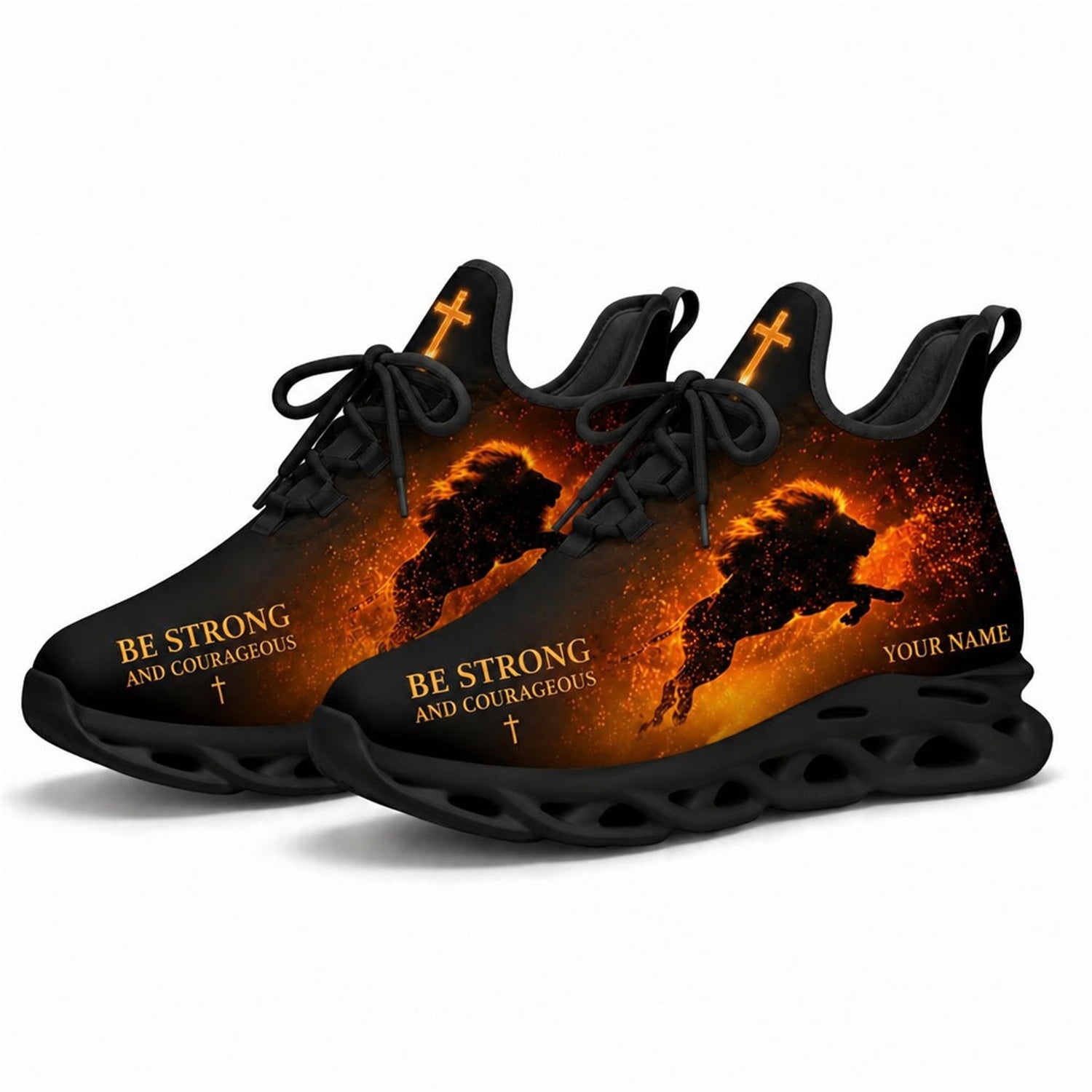 Angled studio shot of the black-soled religious athletic sneakers emphasizing the burning dynamic lion print and glowing holy cross