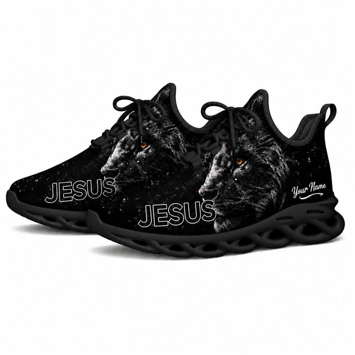 Angled studio shot of black-soled religious sneakers highlighting the starry galaxy black lion design