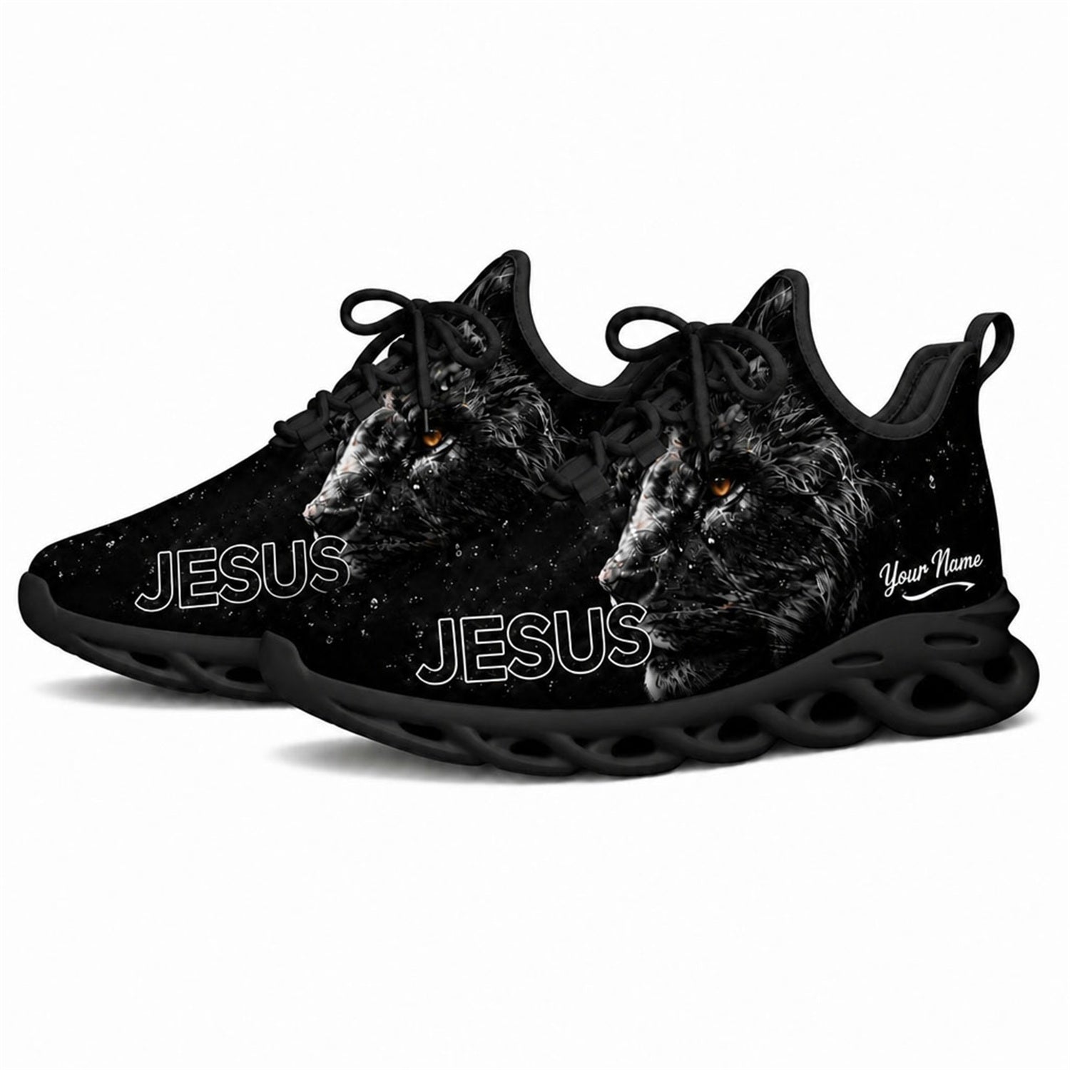 Angled studio shot of black-soled religious sneakers highlighting the starry galaxy black lion design