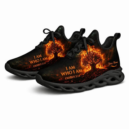 Angled studio shot of black-soled religious sneakers showcasing the dramatic biblical burning bush art