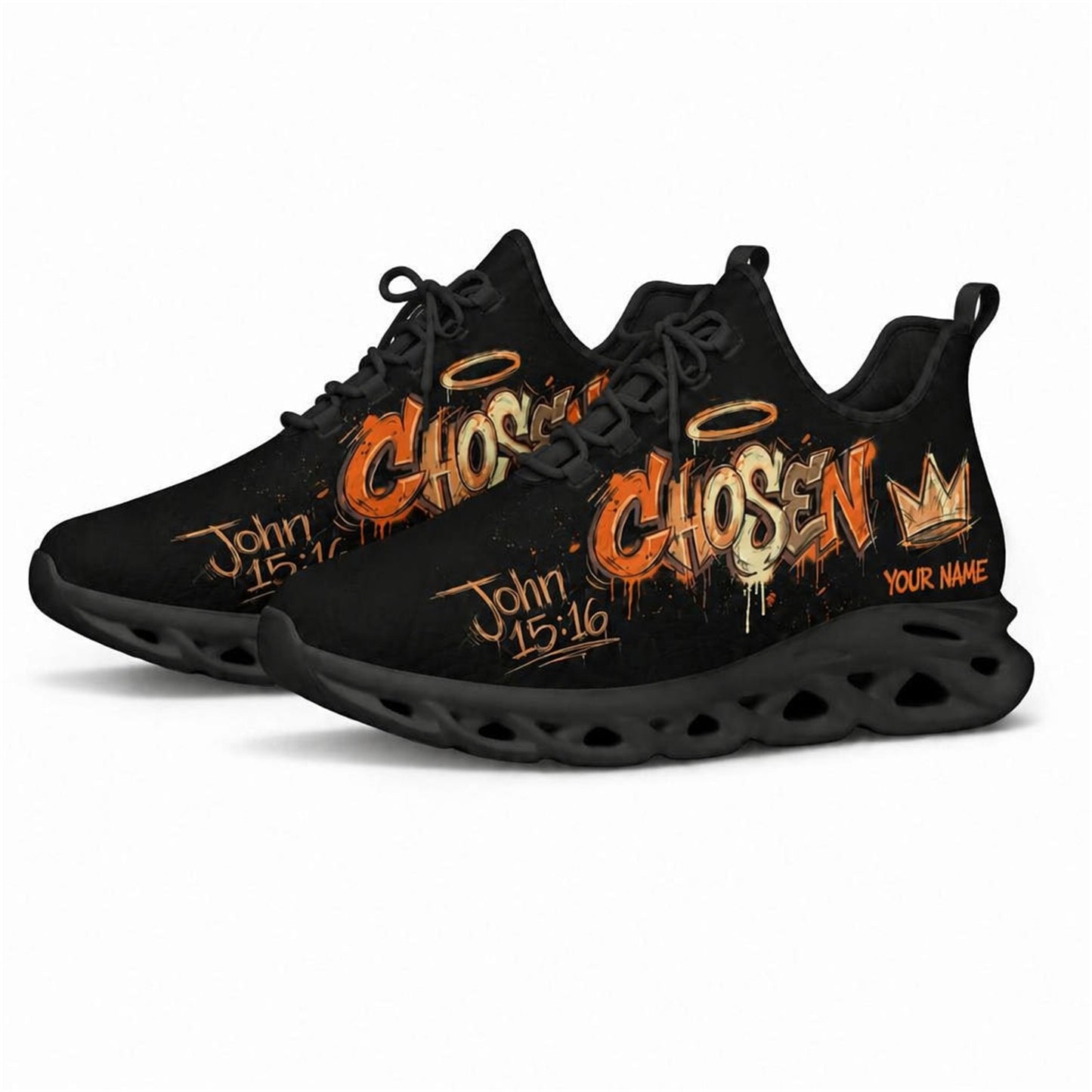 Angled studio shot of black-soled religious sneakers highlighting the urban graffiti crown art