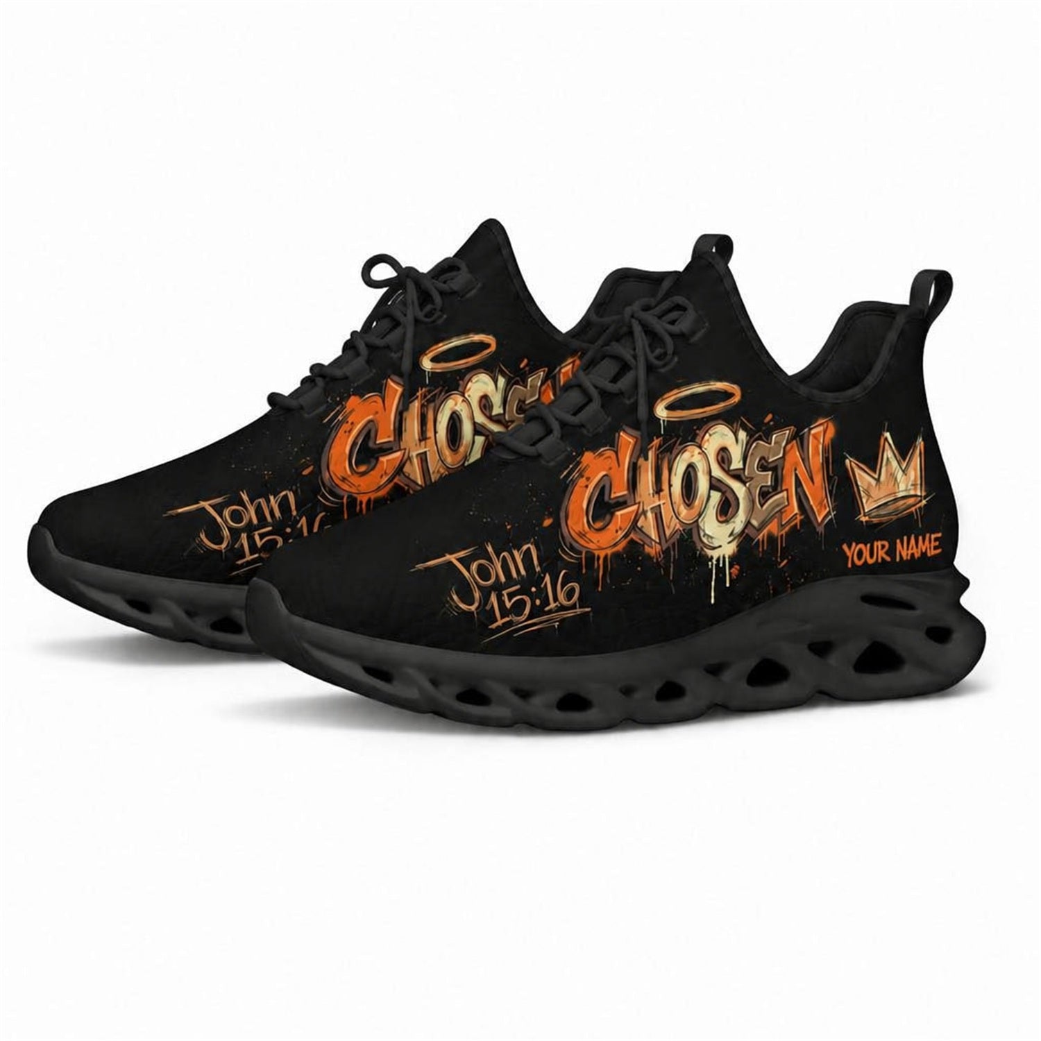 Angled studio shot of black-soled religious sneakers highlighting the urban graffiti crown art
