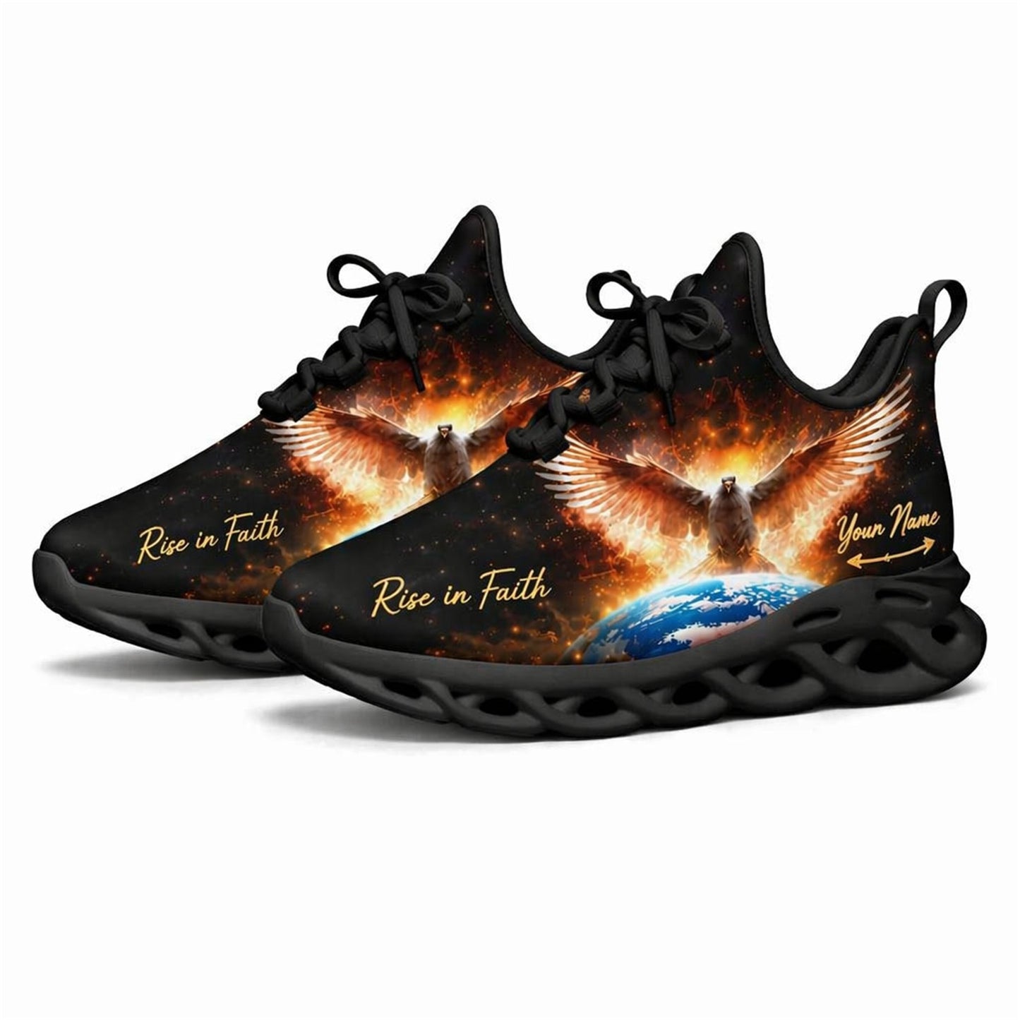 Angled studio shot of black-soled religious footwear highlighting the vibrant fire wings and Earth view