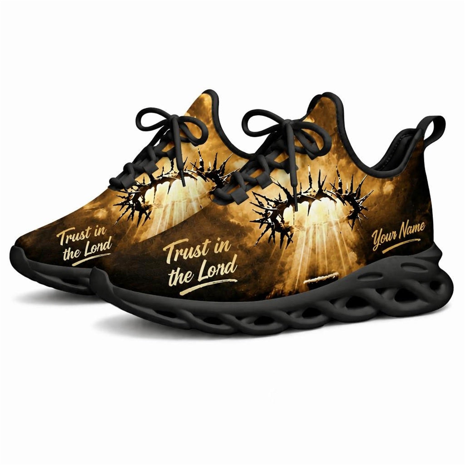 Angled studio shot of black-soled religious sneakers highlighting the vintage oil painting faith design