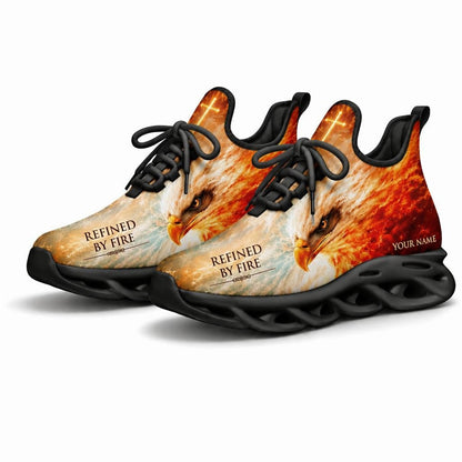 Angled studio shot of the black-soled religious athletic sneakers emphasizing the golden typography and a shining cross overlay on the design