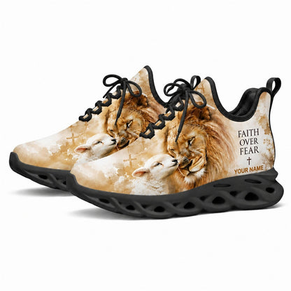 Angled studio shot of black-soled religious sneakers highlighting the Faith Over Fear text
