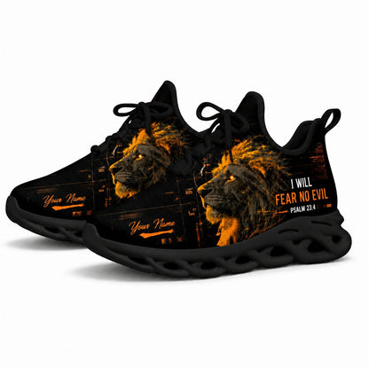 Angled studio shot of black-soled religious sneakers showcasing the cyberpunk digital lion design