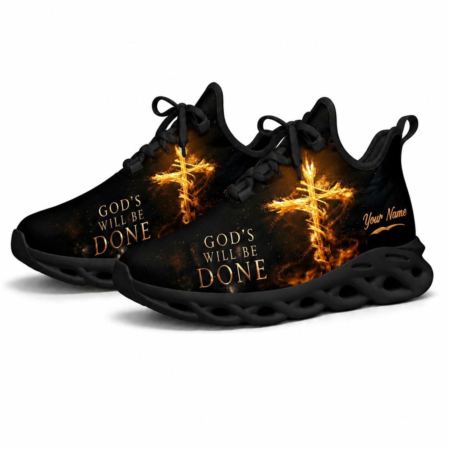 Angled studio shot of black-soled religious footwear highlighting the majestic burning cross design