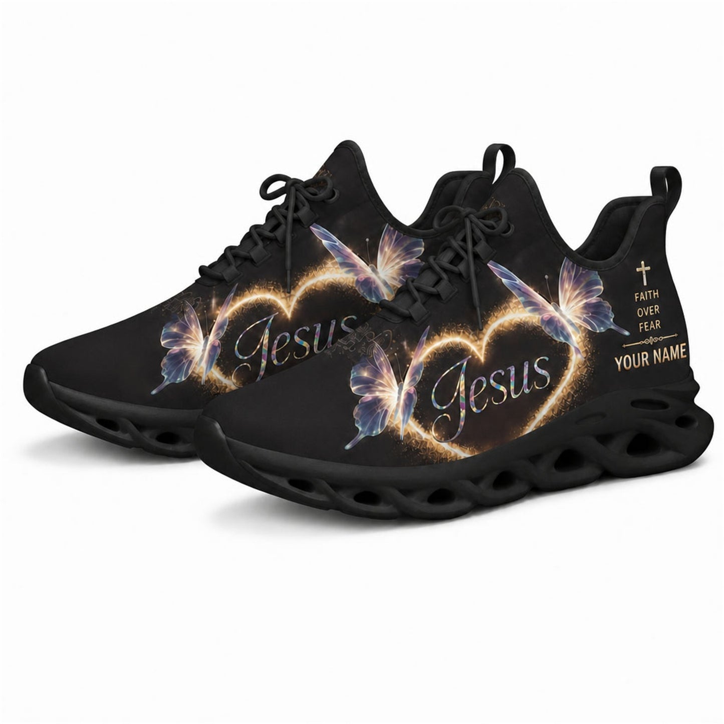 Angled studio shot of black-soled religious sneakers highlighting the 3D holographic Jesus typography
