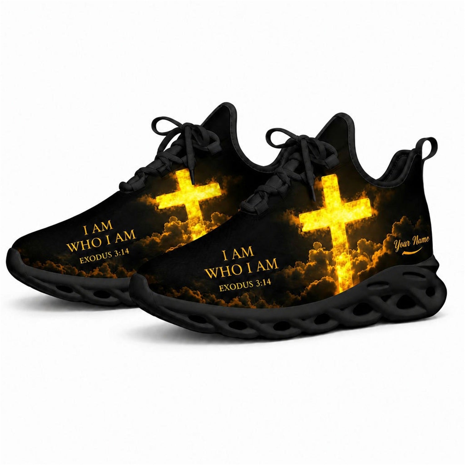 Angled studio shot of black-soled religious footwear highlighting the divine glowing cross and dynamic clouds