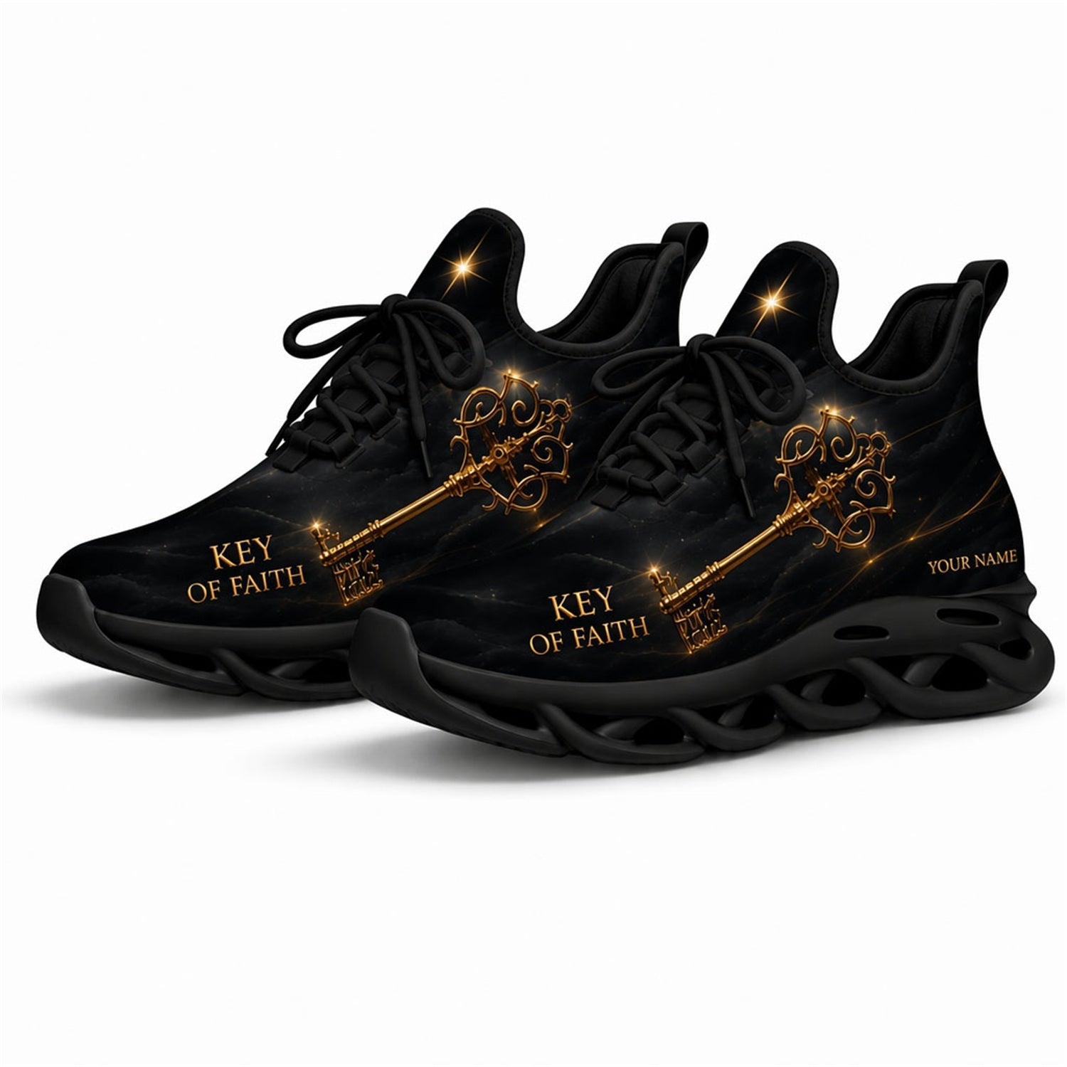 Angled shot of black-soled religious sneakers highlighting the elegant Key of Faith gold typography