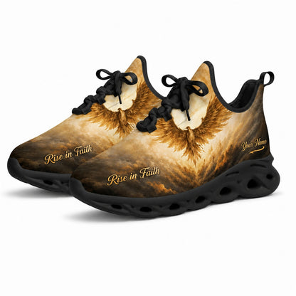 Angled studio shot of black-soled religious footwear highlighting the elegant gold clouds and soaring eagle