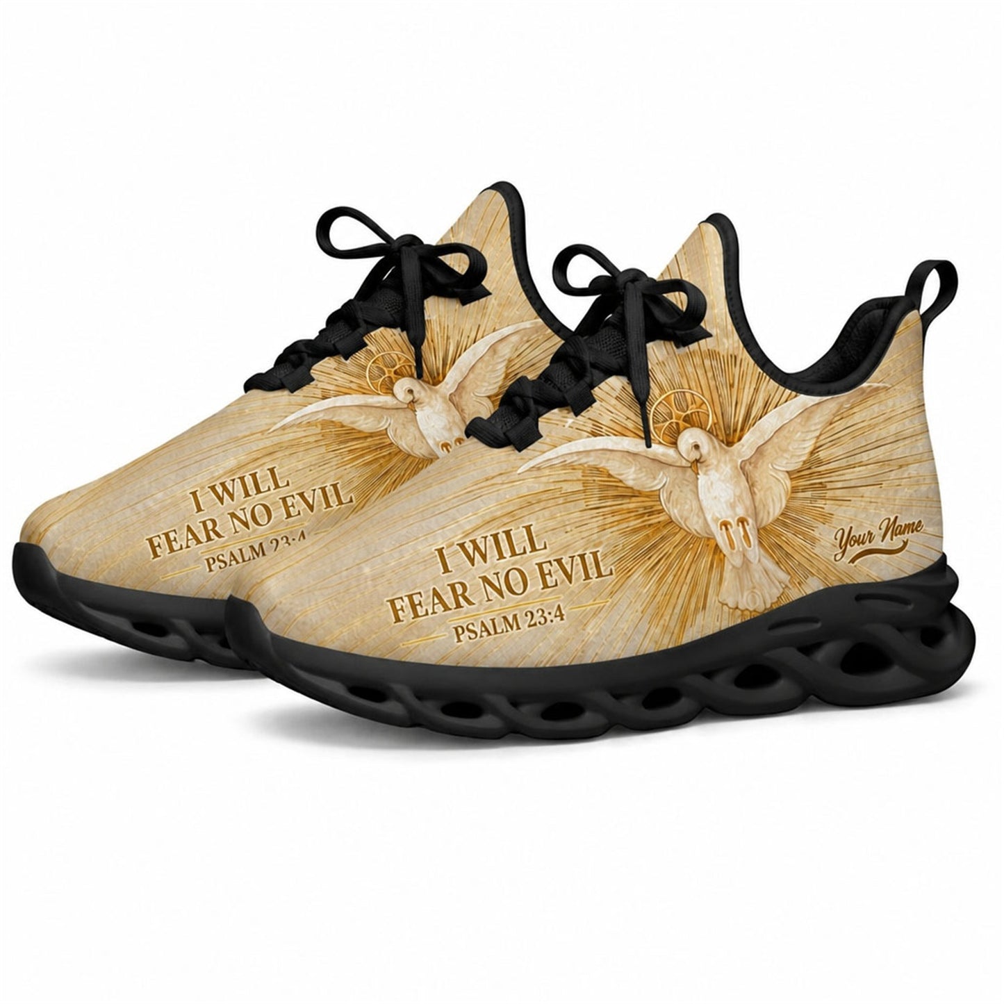 Angled studio shot of black-soled religious footwear highlighting the elegant gold texture and peace dove