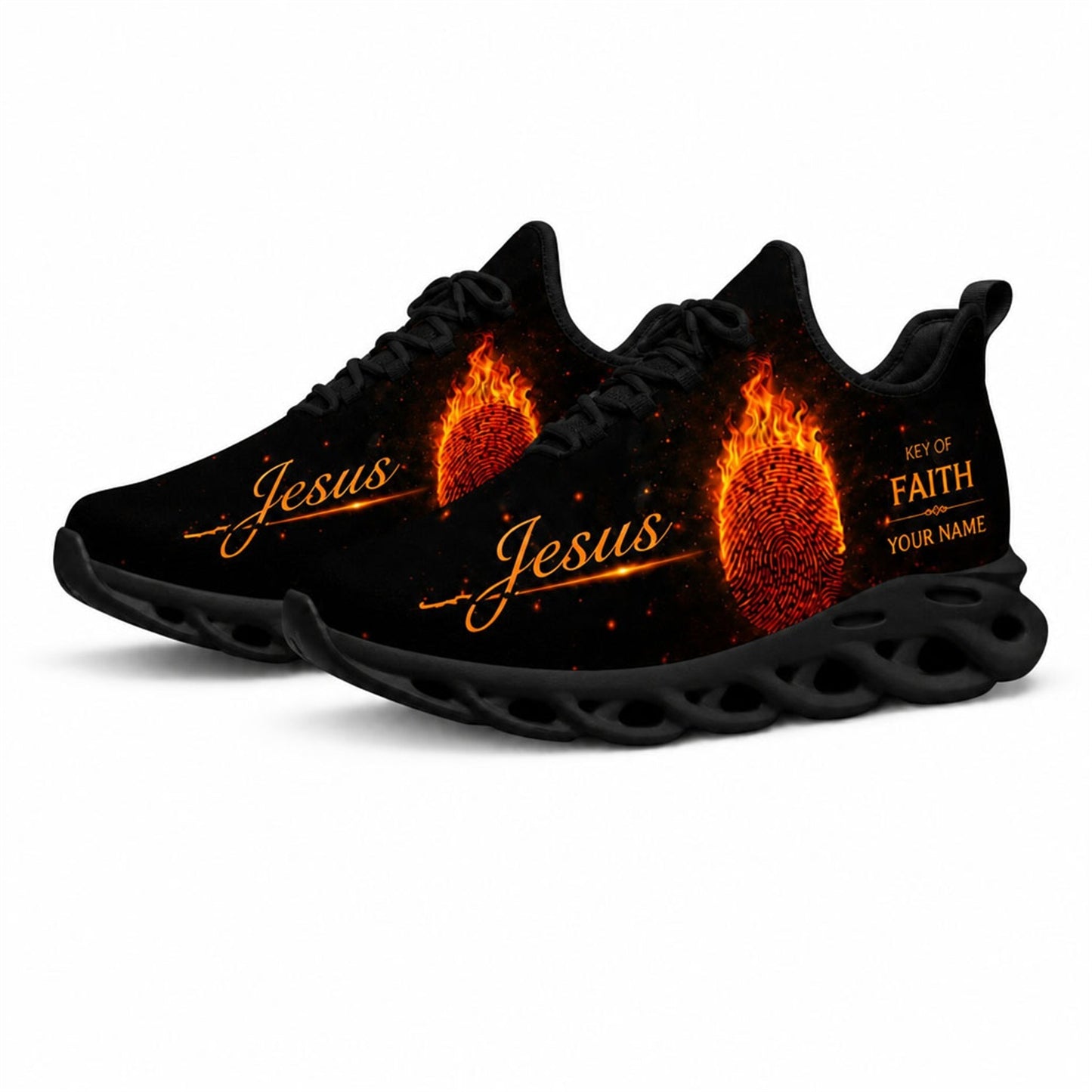Angled studio shot of black-soled religious footwear highlighting the burning fingerprint graphic