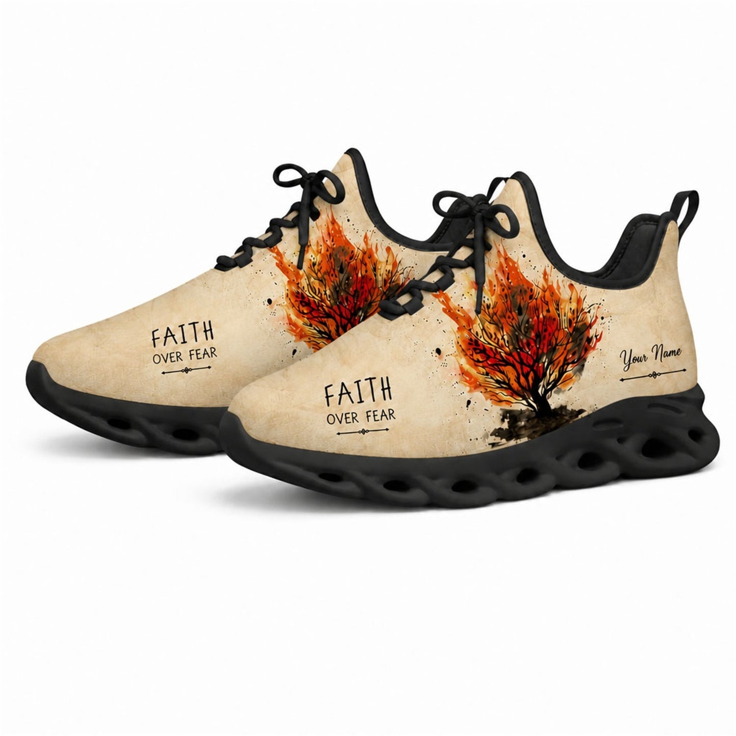 Angled studio shot of black-soled religious footwear highlighting the burning tree graphic