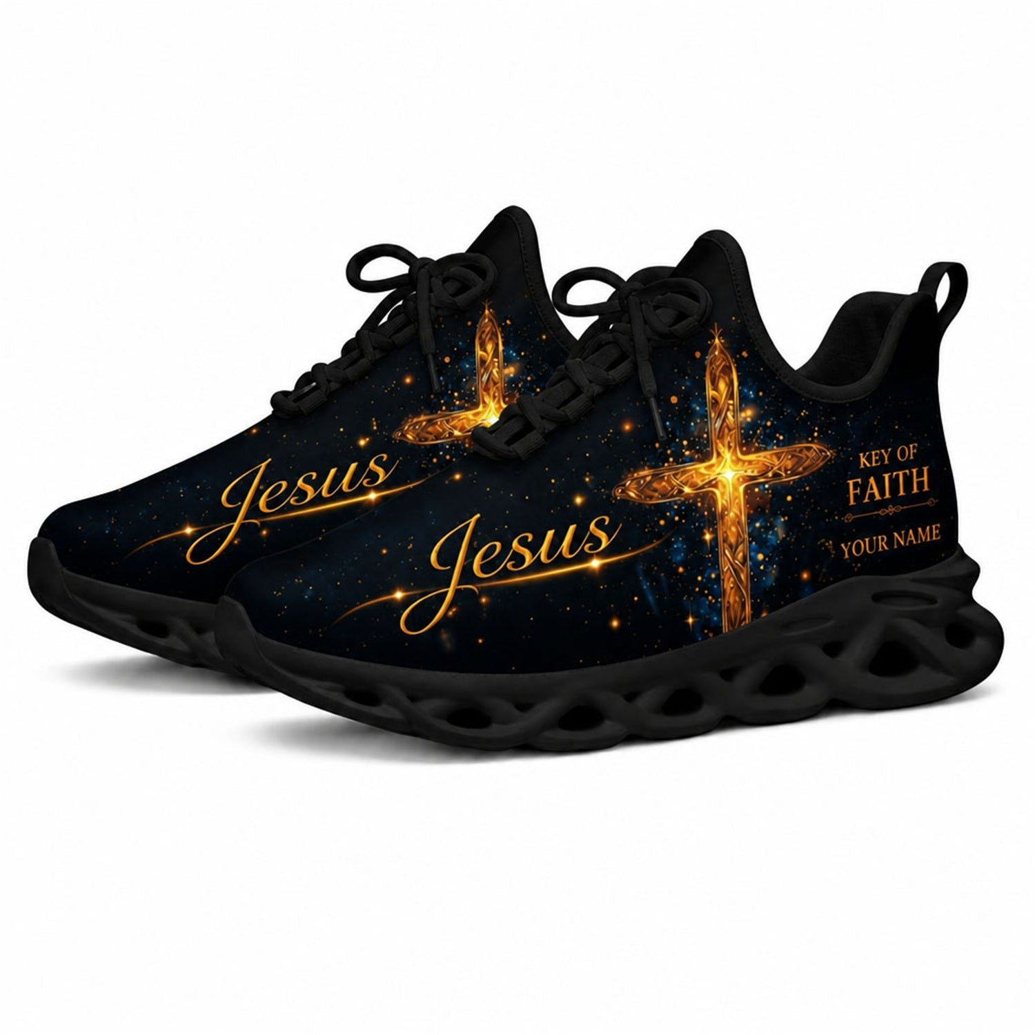 Angled studio shot of black-soled religious footwear highlighting the golden cross design