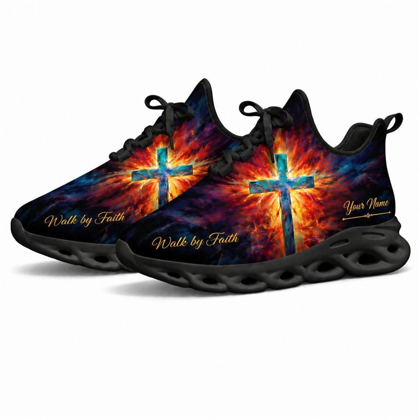 Angled studio shot of black-soled religious footwear highlighting the vibrant blue cross and light explosion