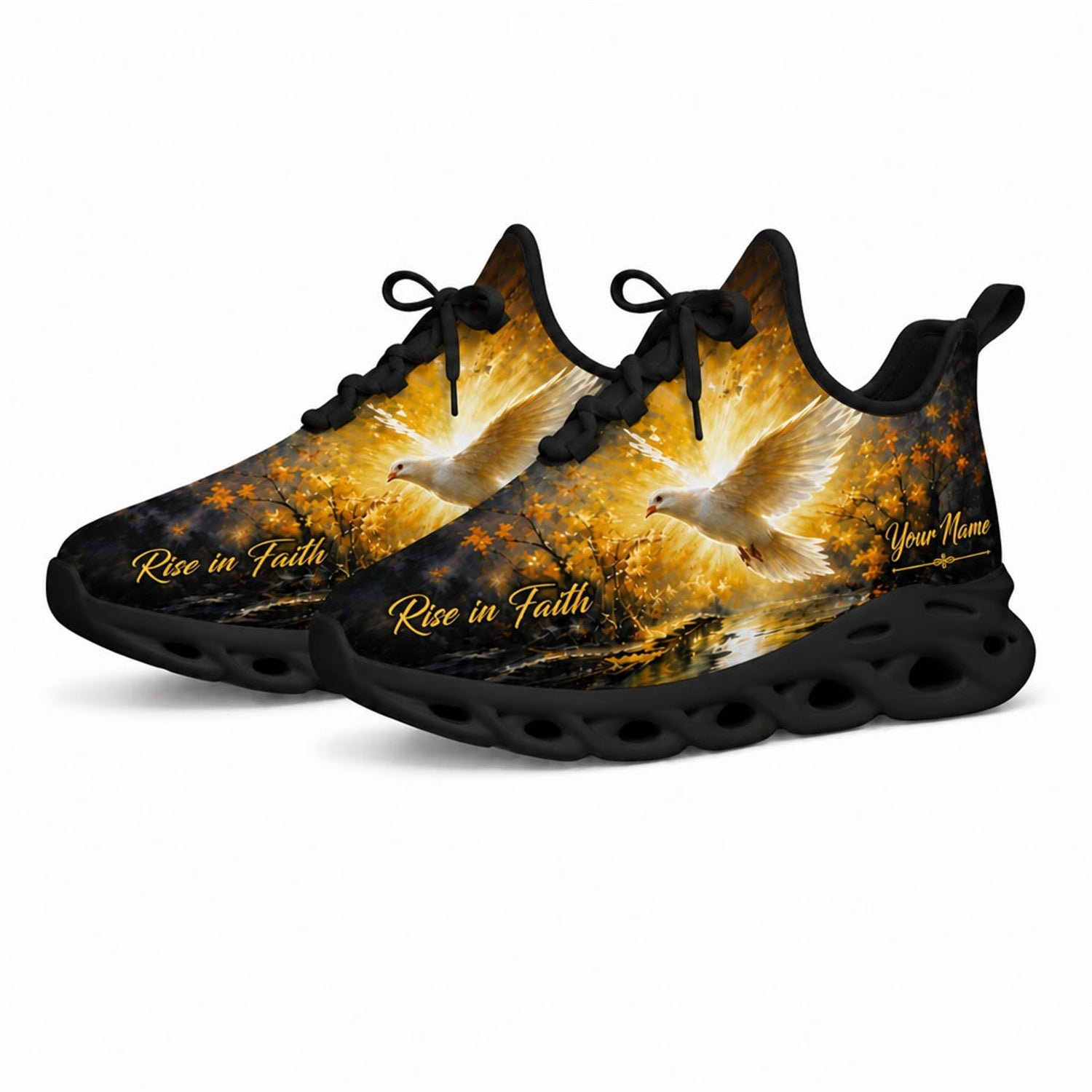 Angled studio shot of black-soled religious footwear highlighting the golden forest and white dove