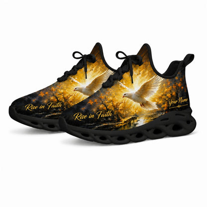 Angled studio shot of black-soled religious footwear highlighting the golden forest and white dove