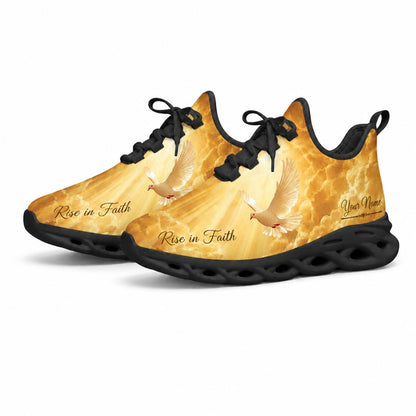 Angled studio shot of black-soled religious footwear highlighting the brilliant golden sunbeams and dove