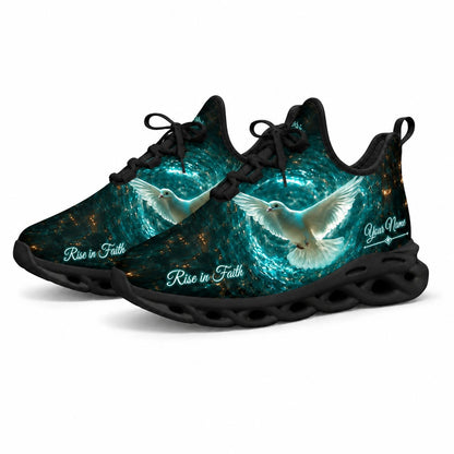 Angled studio shot of black-soled religious footwear highlighting the brilliant celestial vortex and dove