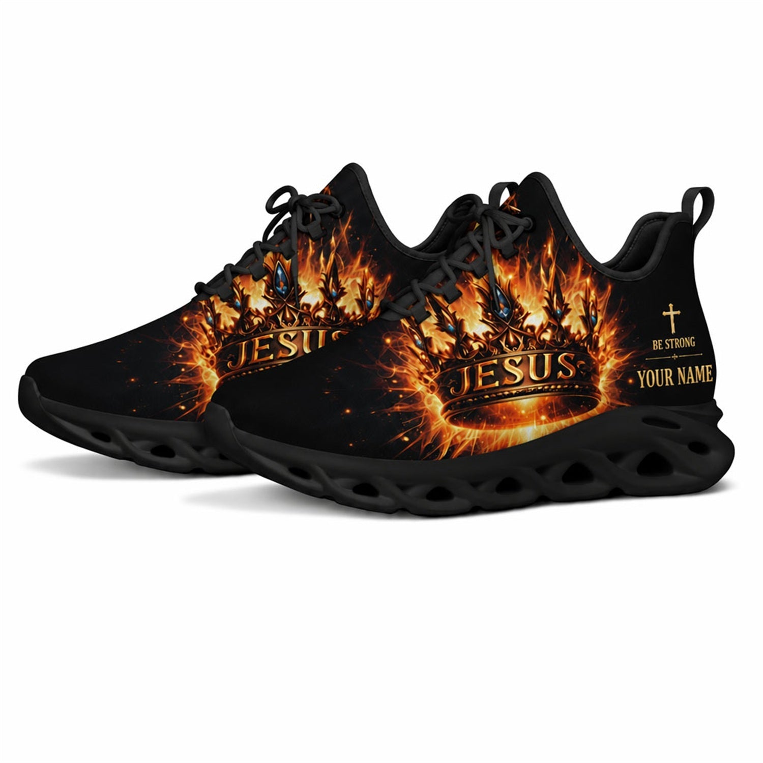 Angled studio shot of black-soled religious sneakers highlighting the bright flaming crown graphics