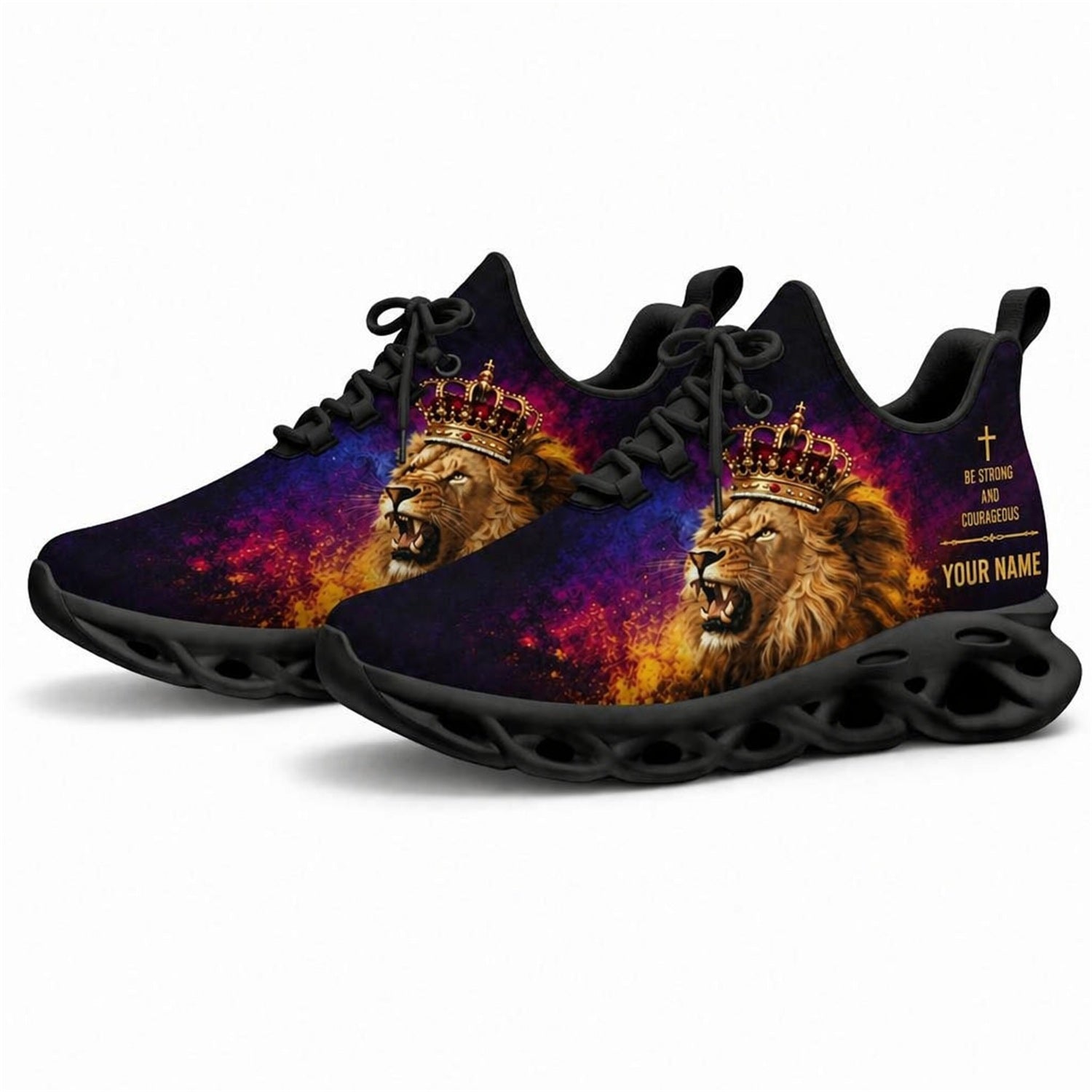 Angled studio shot of black-soled religious sneakers highlighting the crowned majestic lion artwork