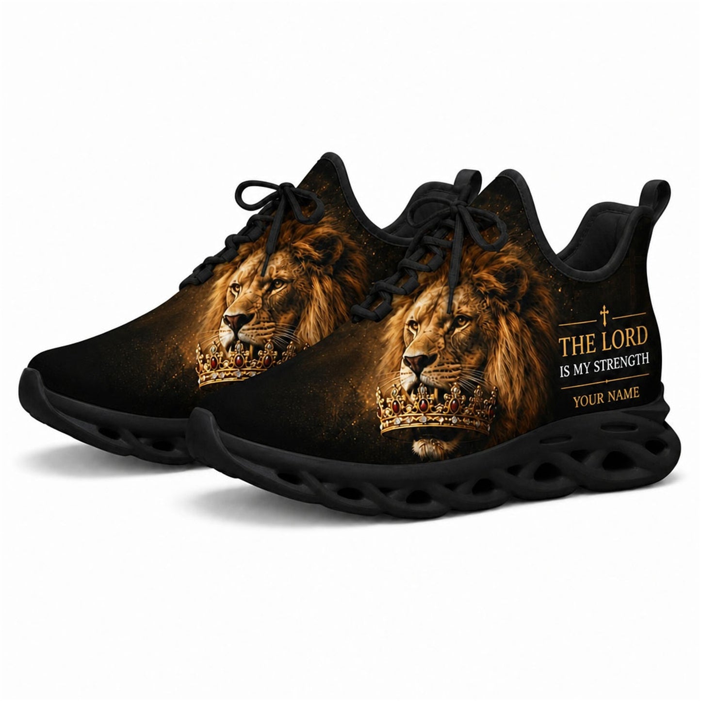 Angled shot of black-soled religious sneakers highlighting the Lion of Judah scripture typography