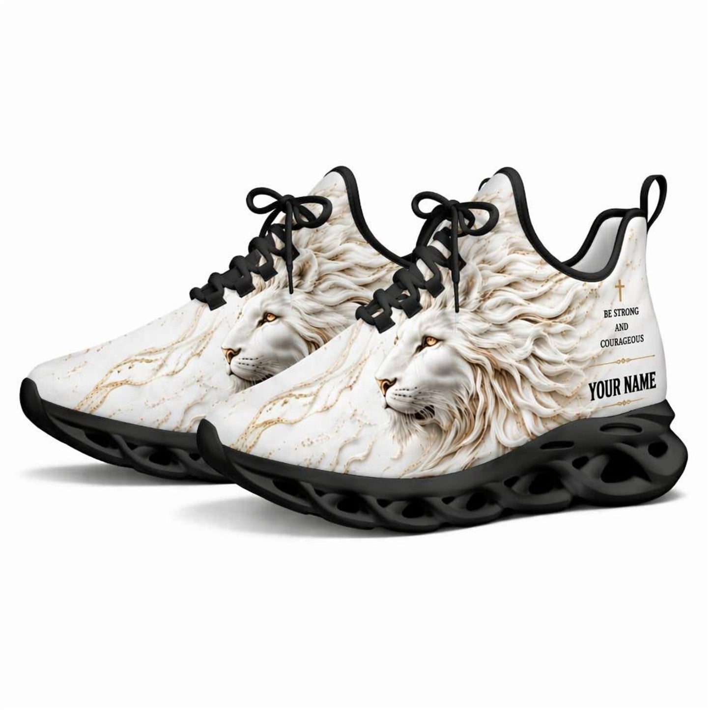 Angled studio shot of black-soled religious sneakers highlighting the luxury gold-veined lion graphics