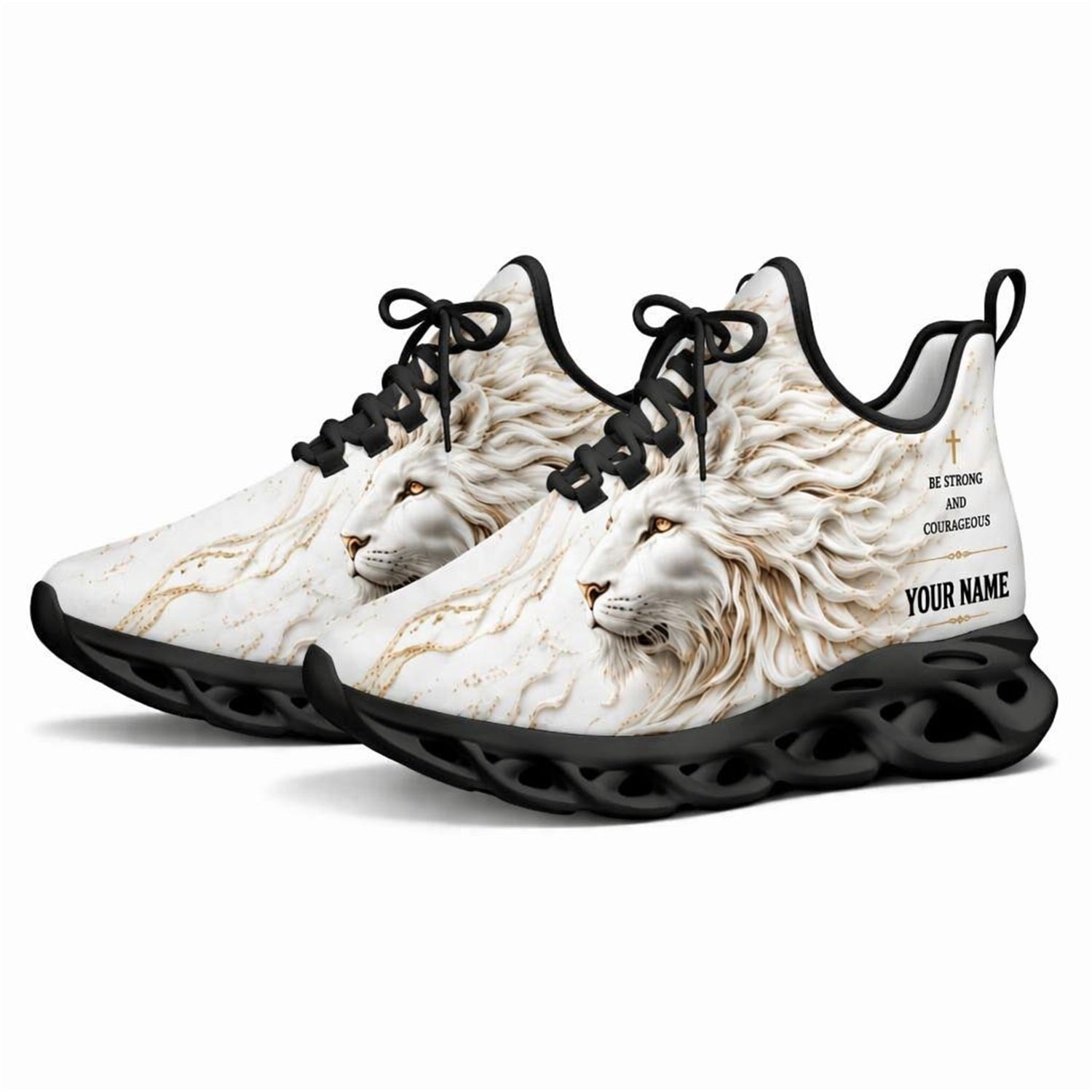 Angled studio shot of black-soled religious sneakers highlighting the luxury gold-veined lion graphics