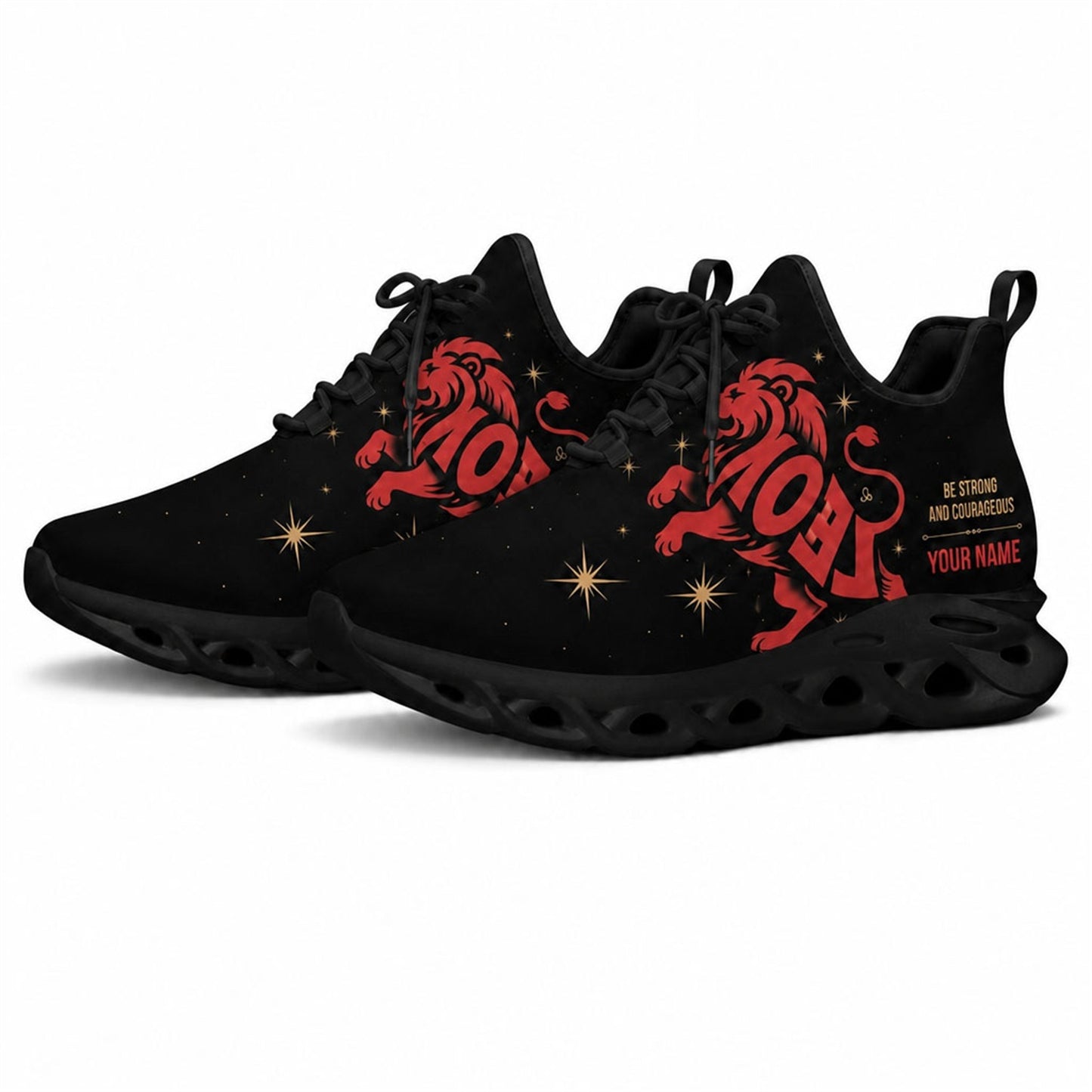 Angled studio shot of black-soled religious sneakers highlighting the red lion and starburst graphics