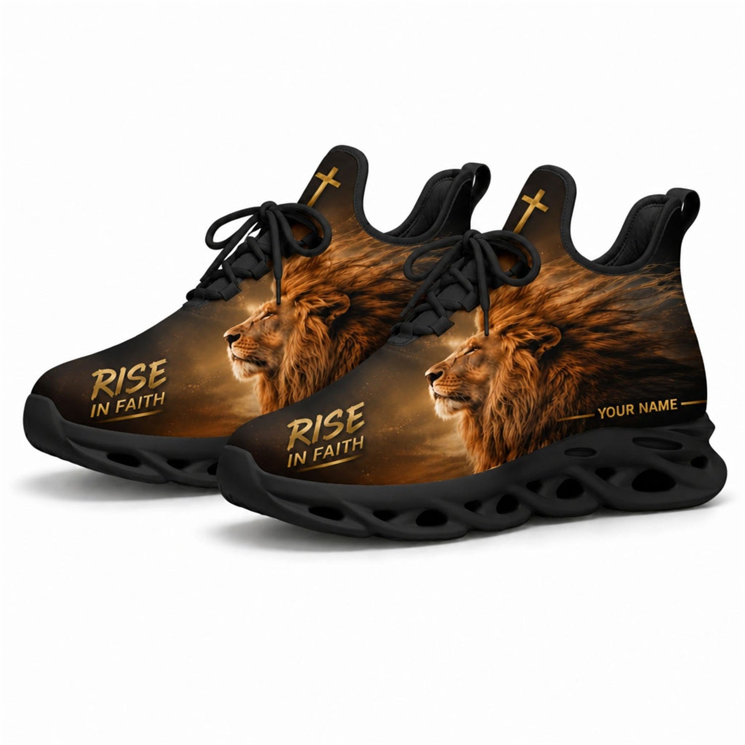 Angled studio shot of the black-soled religious athletic sneakers highlighting the dynamic golden lion mane and holy cross details