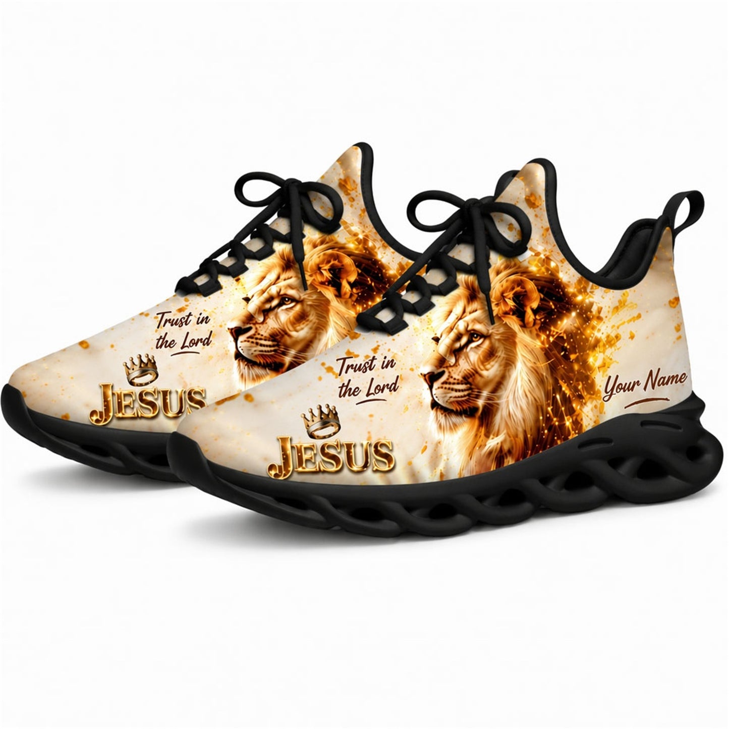 Angled studio shot of black-soled religious sneakers highlighting the luxury cream and gold faith design