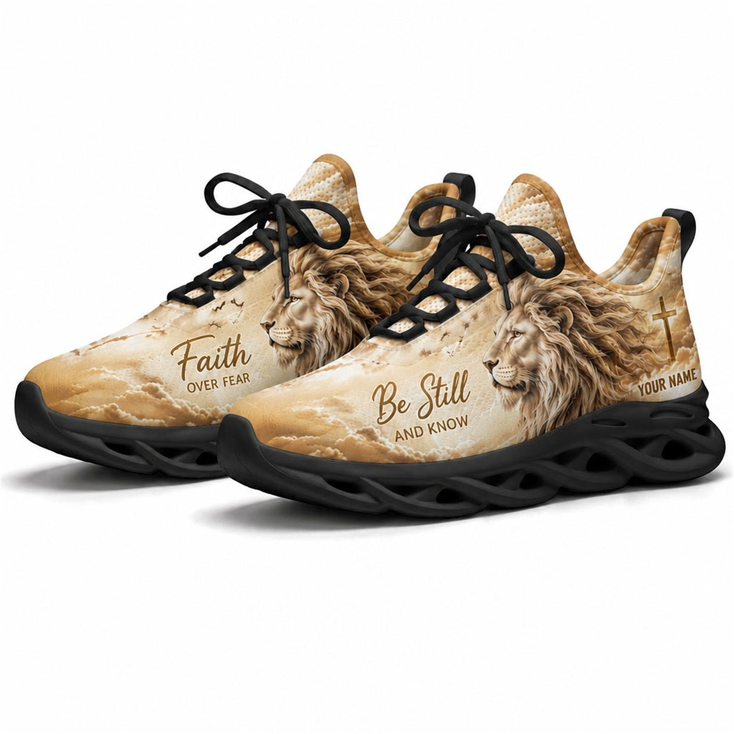 Angled studio shot of black-soled religious sneakers highlighting the traditional sepia lion profile artwork