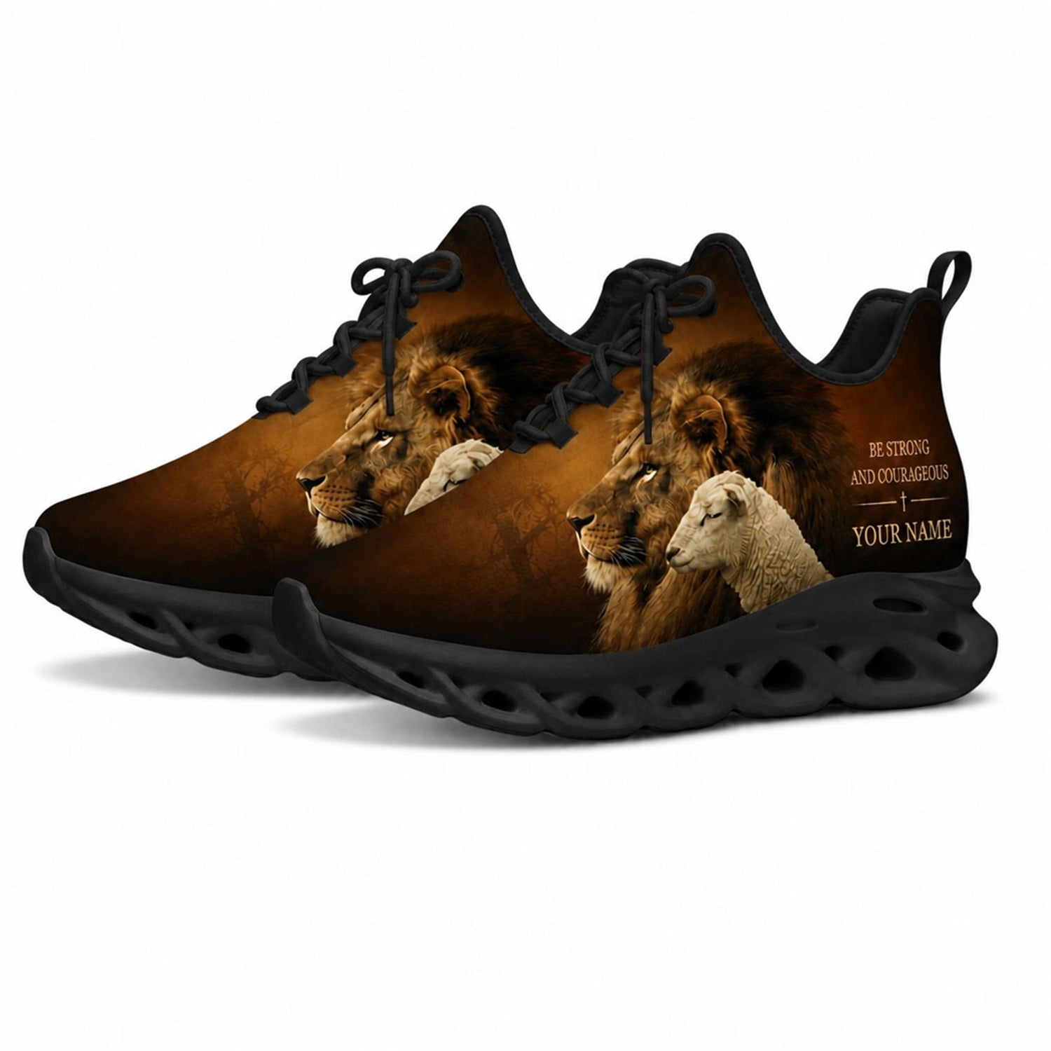 Angled studio shot of black-soled religious sneakers highlighting the artistic lion and lamb graphics