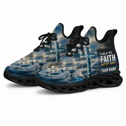 Angled studio shot of the black-soled religious athletic sneakers highlighting the crystalline cross and "Not By Sight" typography