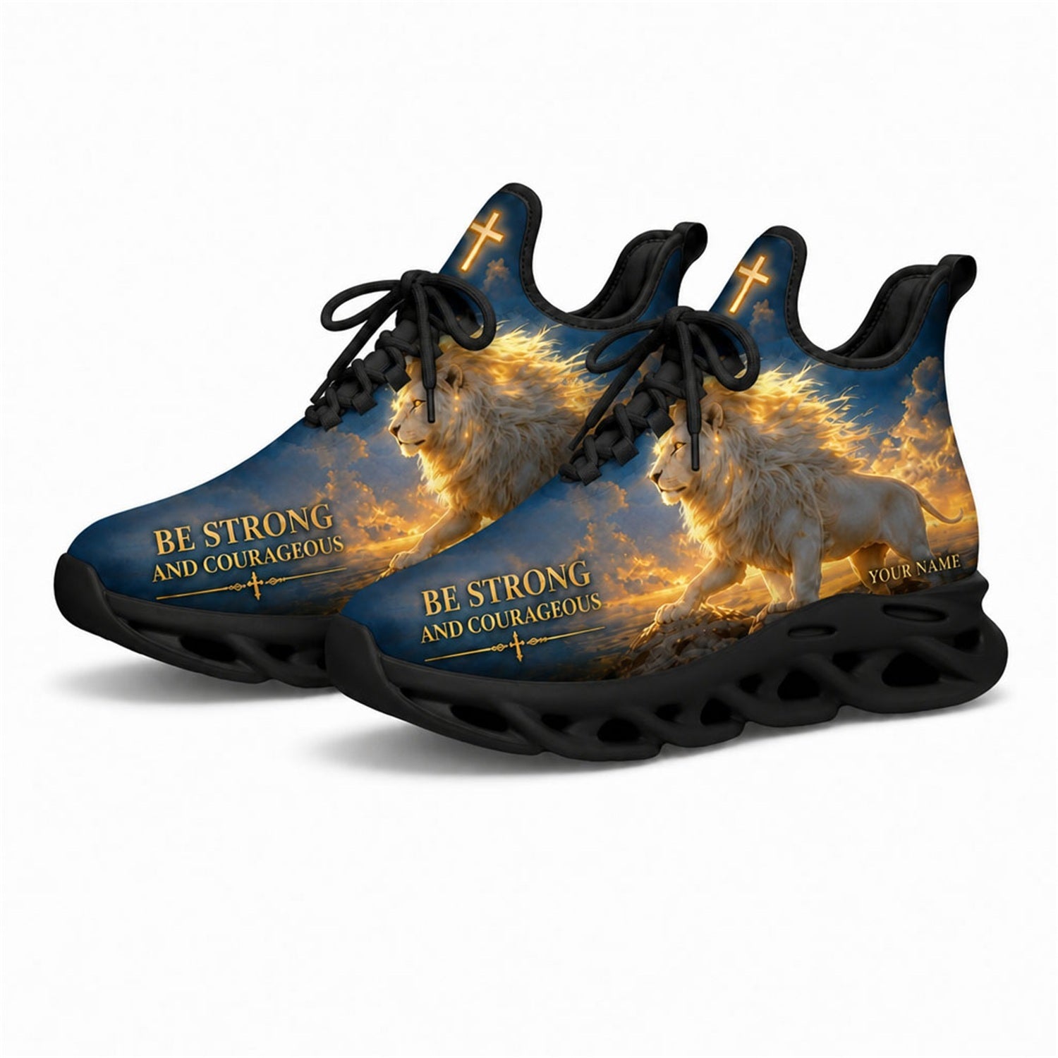 Angled studio shot of the black-soled religious athletic sneakers highlighting the golden sun flare effect and holy cross details on the tongue