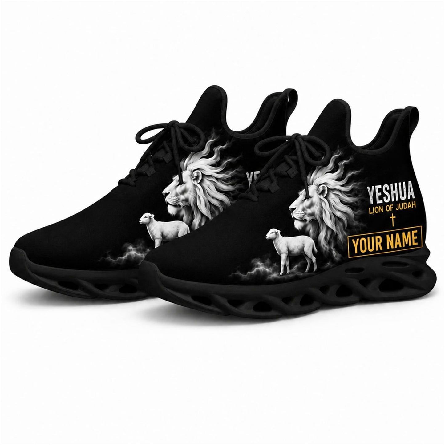 Angled studio shot of the black-soled religious athletic sneakers highlighting the white lion mane art and "Lion of Judah" golden text